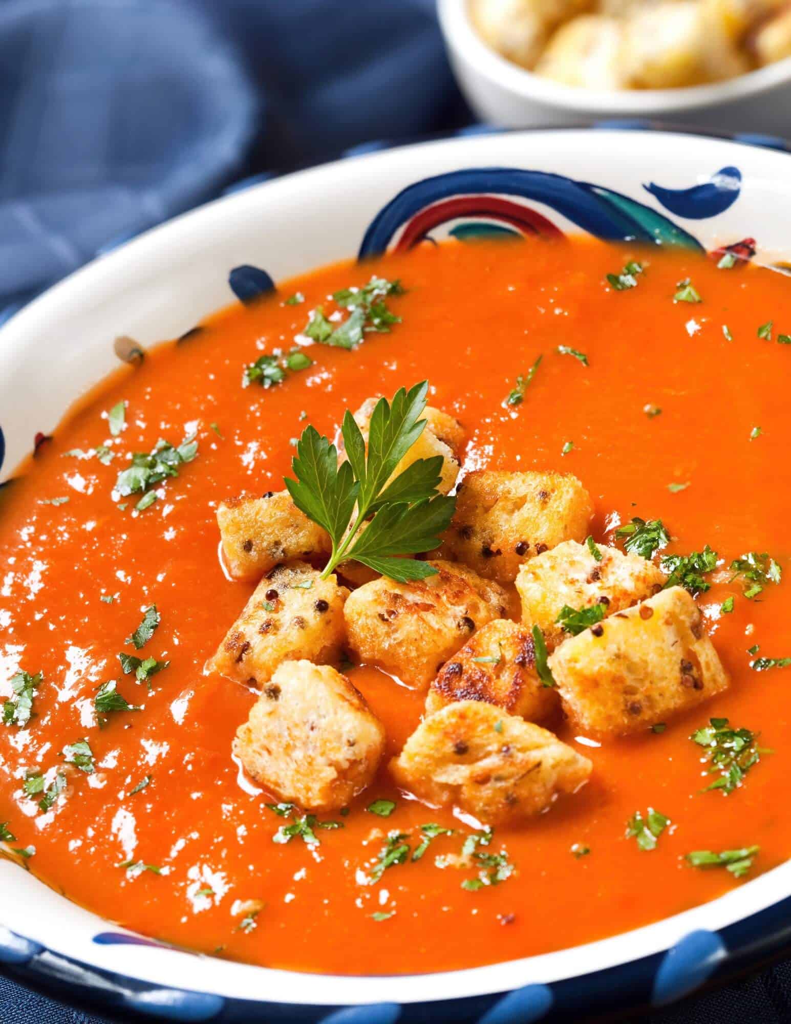 Creamy Roasted Garlic-Tomato Soup With Grilled Cheese Croutons